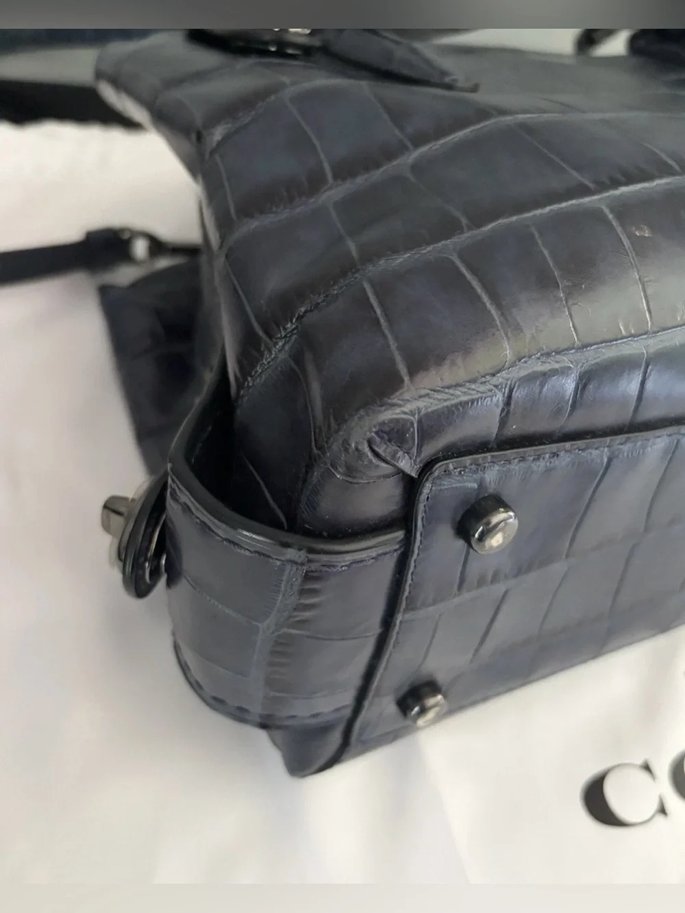 COACH Brooklyn Carryall 28 Navy Blue Croc Embossed Leather Crossbody Satchel Bag